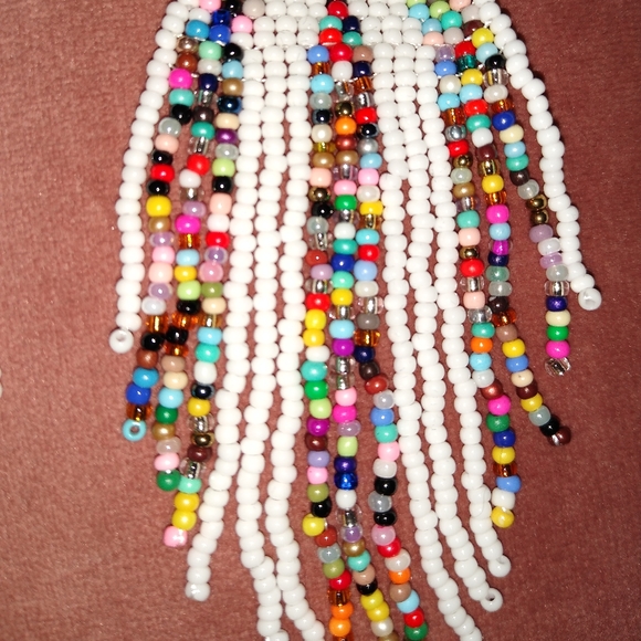 Long 5" Multicolor White Stripe Handmade Beaded Oversized Statement Earrings New - Picture 4 of 6